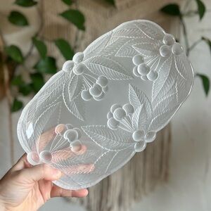 Vintage Frosted Glass Berry & Leaf Serving Tray – Oval 12” Satin Pressed Glass